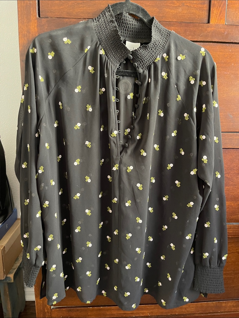 CAbi Black Button-Front Shirt with Small Green and White Floral Motif
